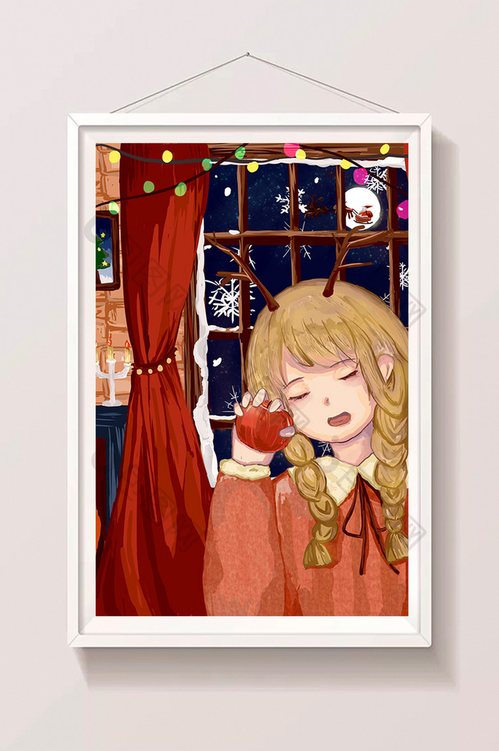 温馨圣诞节平安夜女孩与苹果插画
