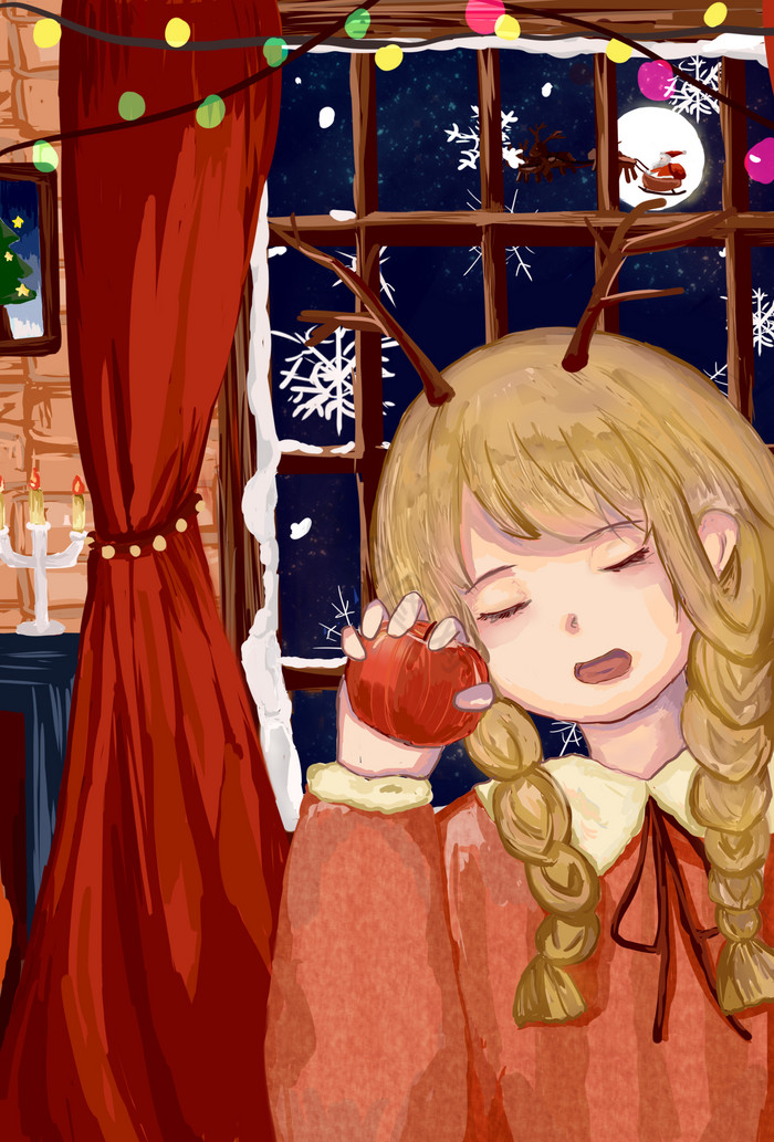 温馨圣诞节平安夜女孩与苹果插画图片