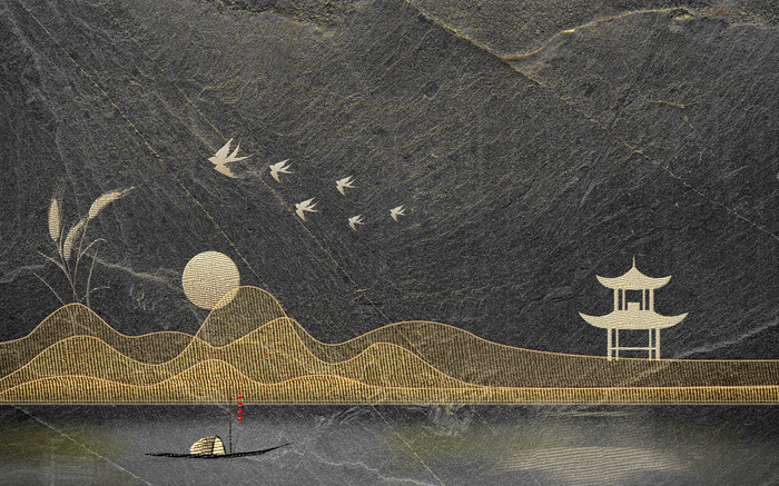 中式黑色大理石纹路鎏金金粉大雁山水画背景图片
