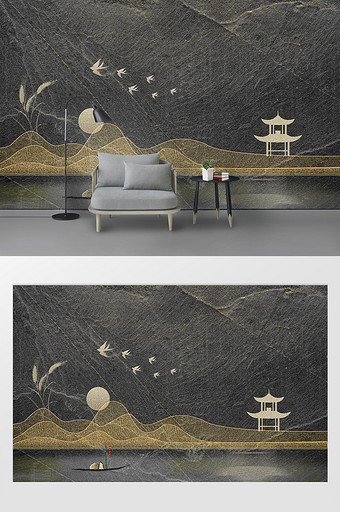 中式黑色大理石纹路鎏金金粉大雁山水画背景图片