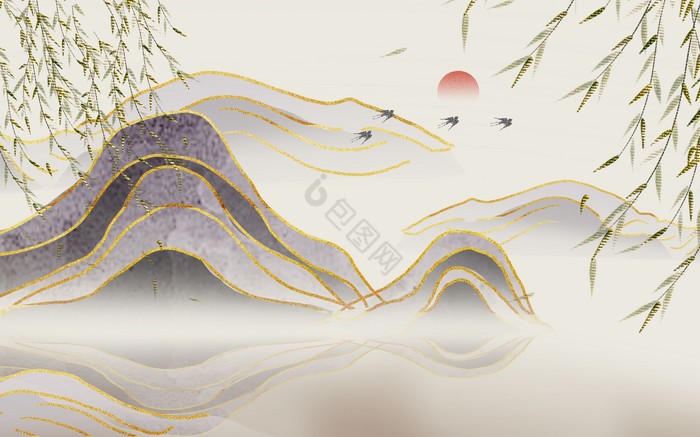 鎏金竹子新中式山水背景墙图片