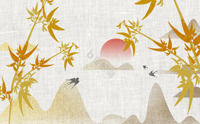 新中式鎏金山水竹子背景墙图片