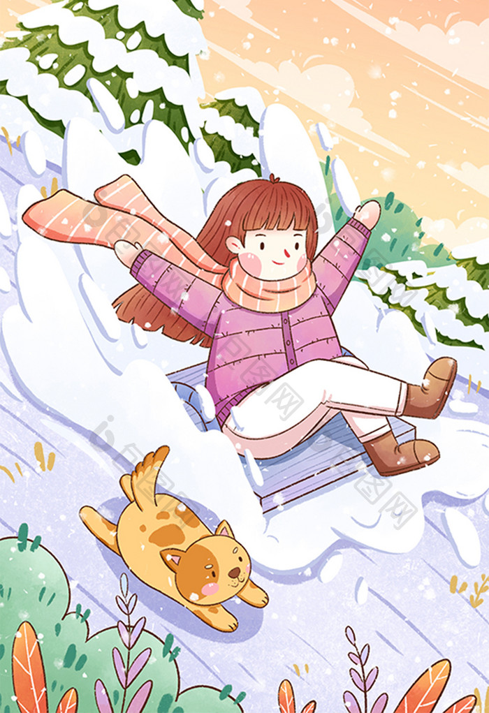 大雪节气女孩滑雪插画