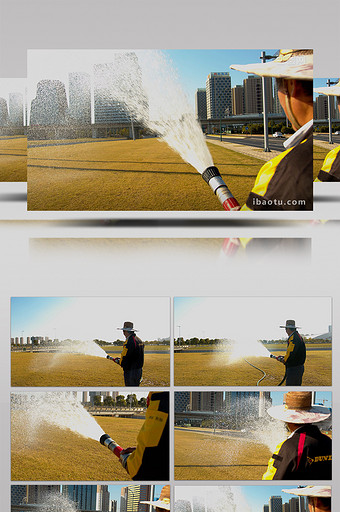 4K实拍在草坪上洒水的环卫工人视频素材图片