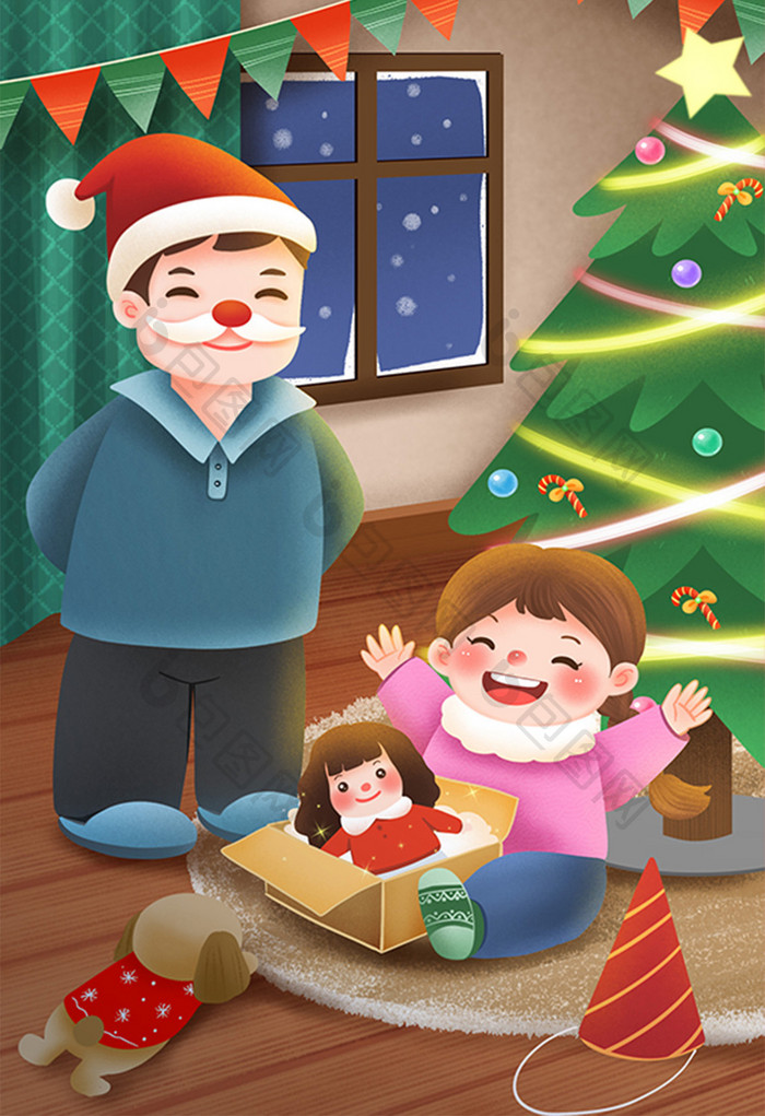 温馨治愈圣诞节爸爸给孩子送礼物插画