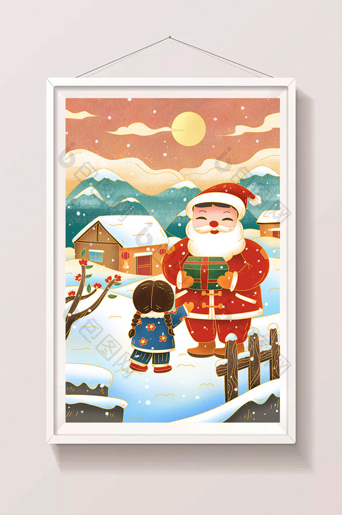治愈圣诞老人送中国姑娘礼物插画图片图片