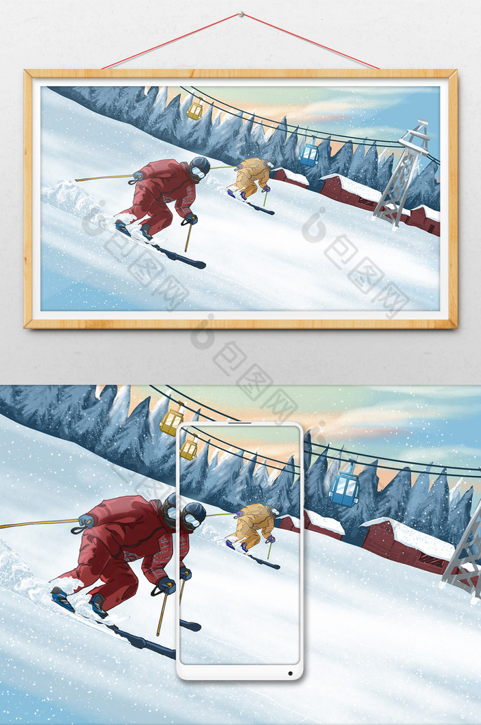 冬天风景滑雪森林小屋缆车雪景图片图片