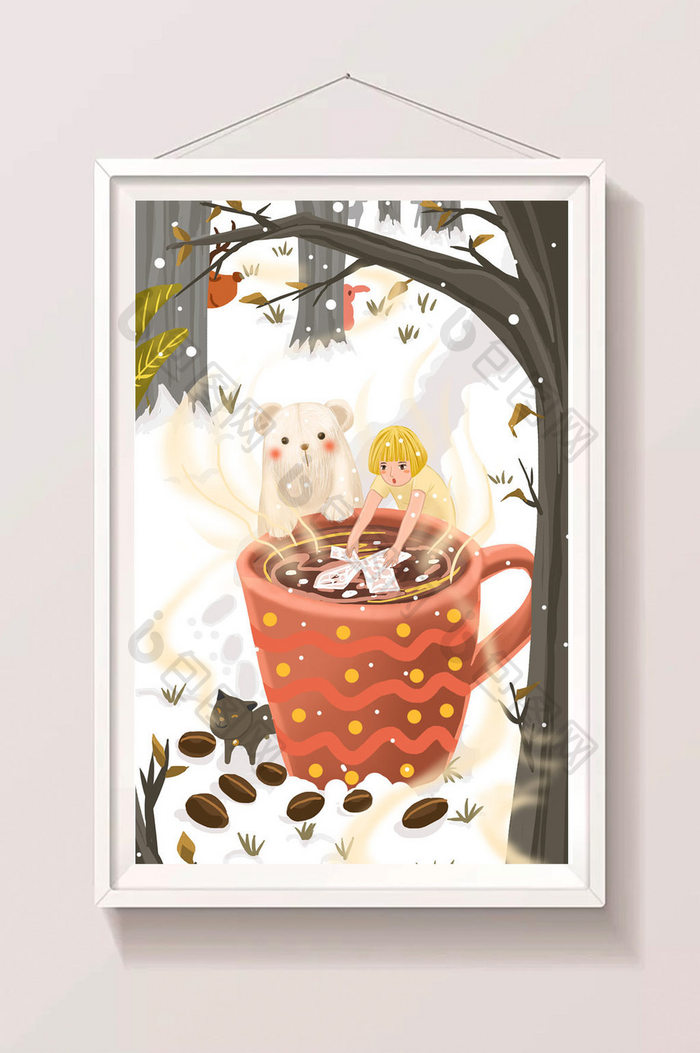 白色可爱奇幻插画风格冬天树林里的咖啡杯插