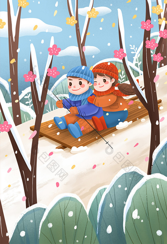 大雪旅游季滑冰运动插画