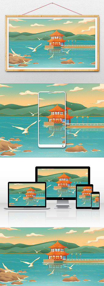 鎏金城市青岛栈桥插画