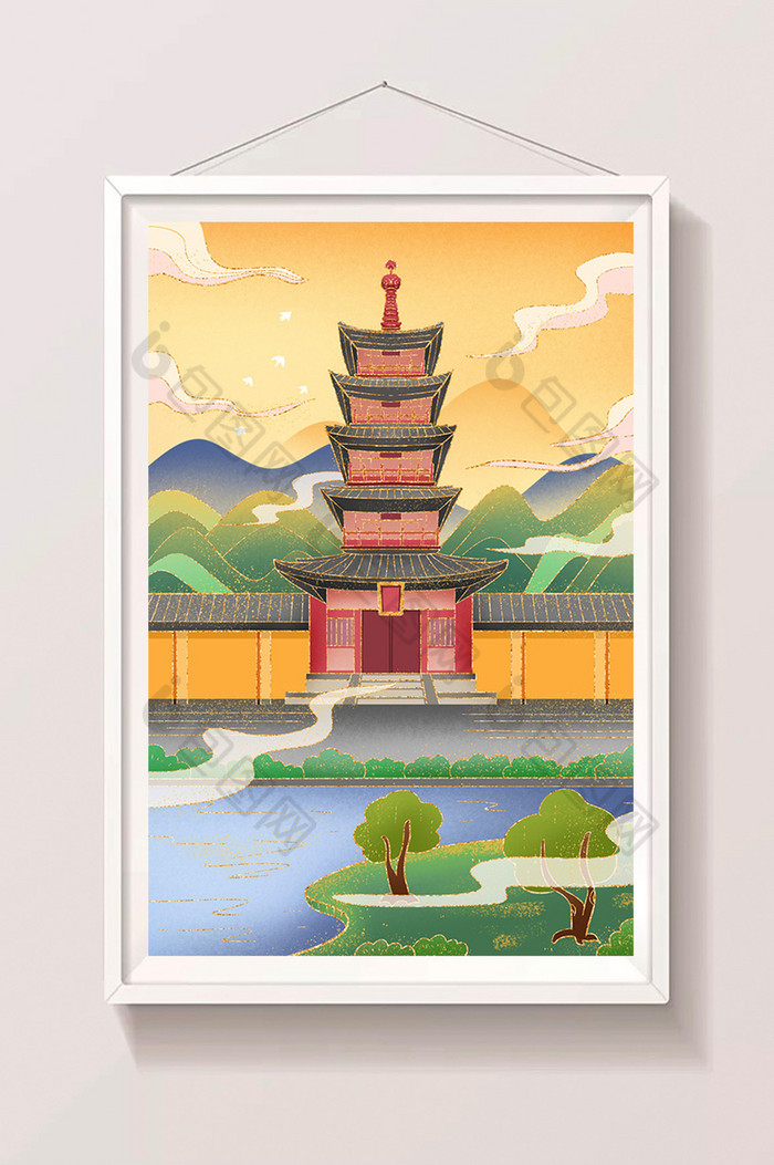 城市苏州寒山寺插画