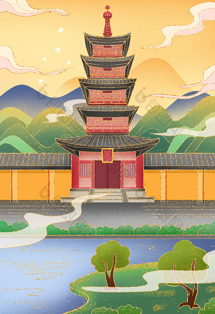 鎏金城市苏州寒山寺插画