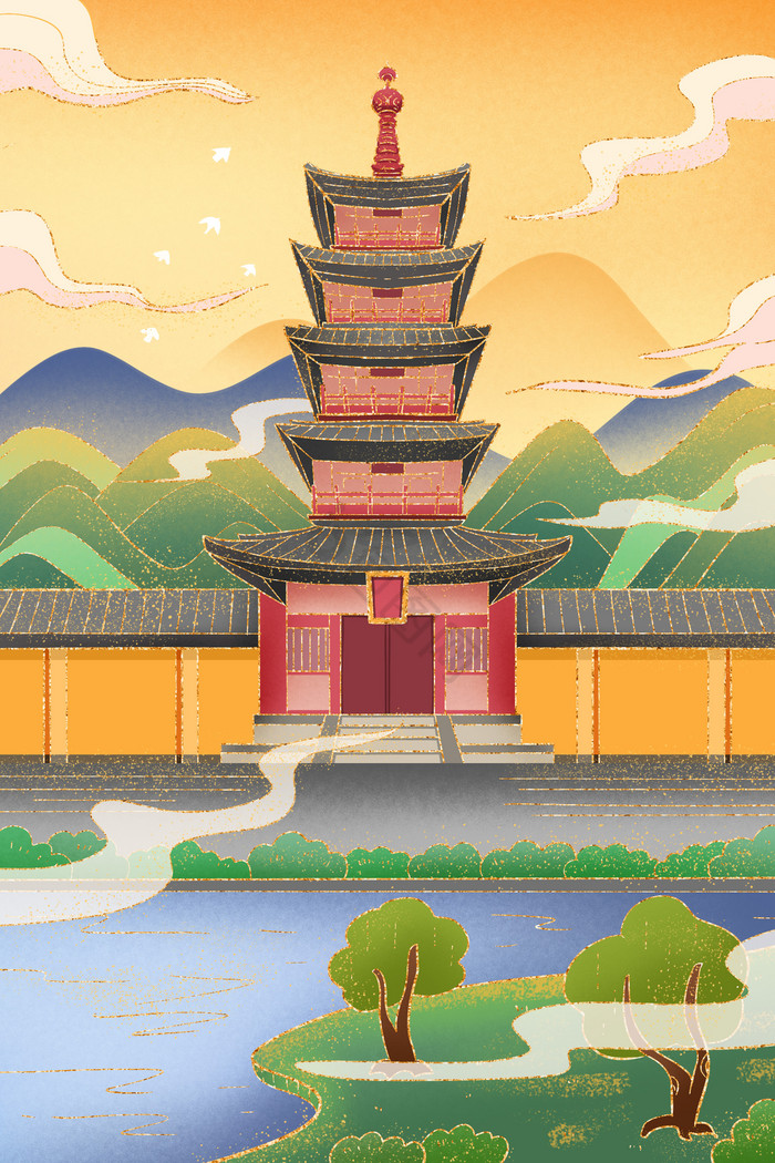 城市苏州寒山寺插画