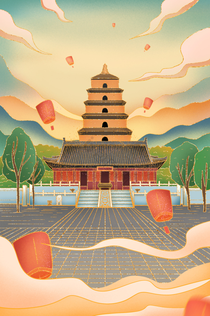 城市西安大雁塔插画