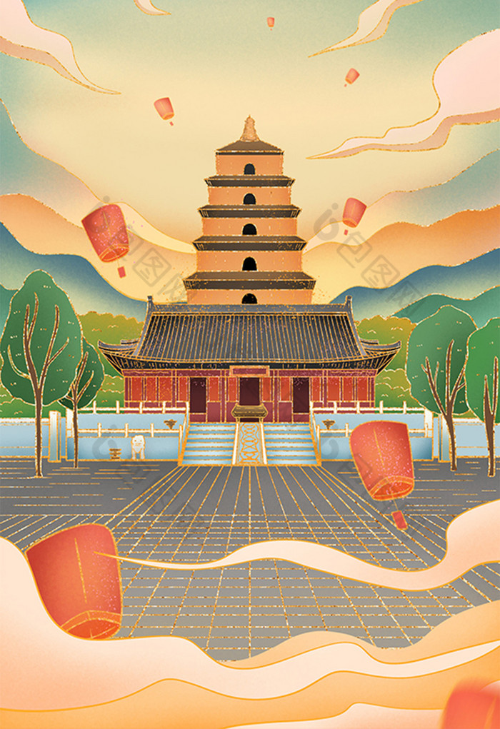 城市西安大雁塔插画图片-包图网