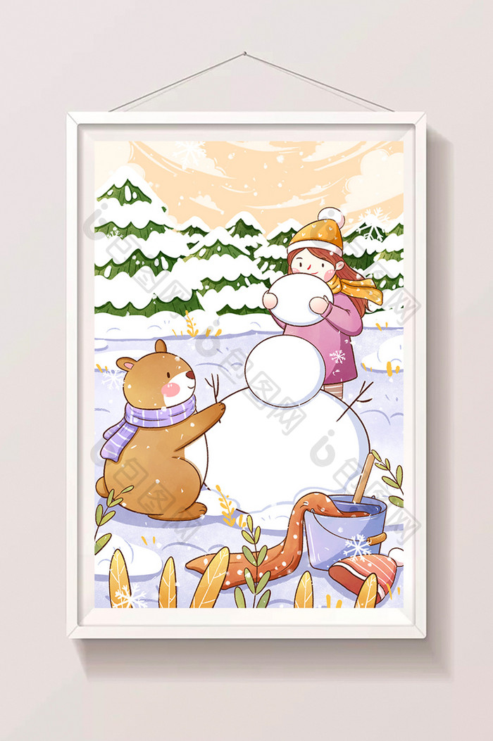 大雪节气女孩和小熊一起堆雪人插画