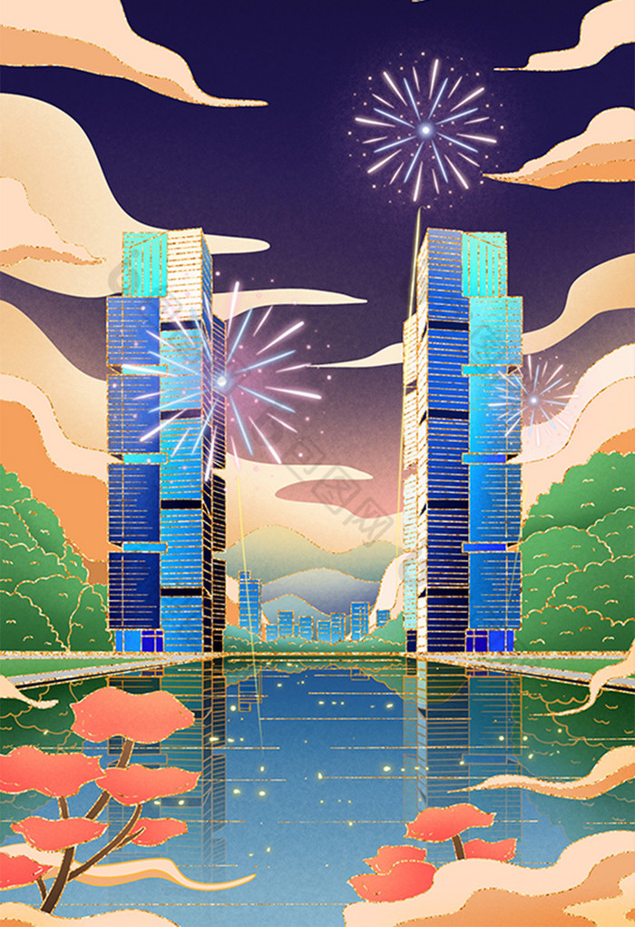 城市郑州双子塔插画图片