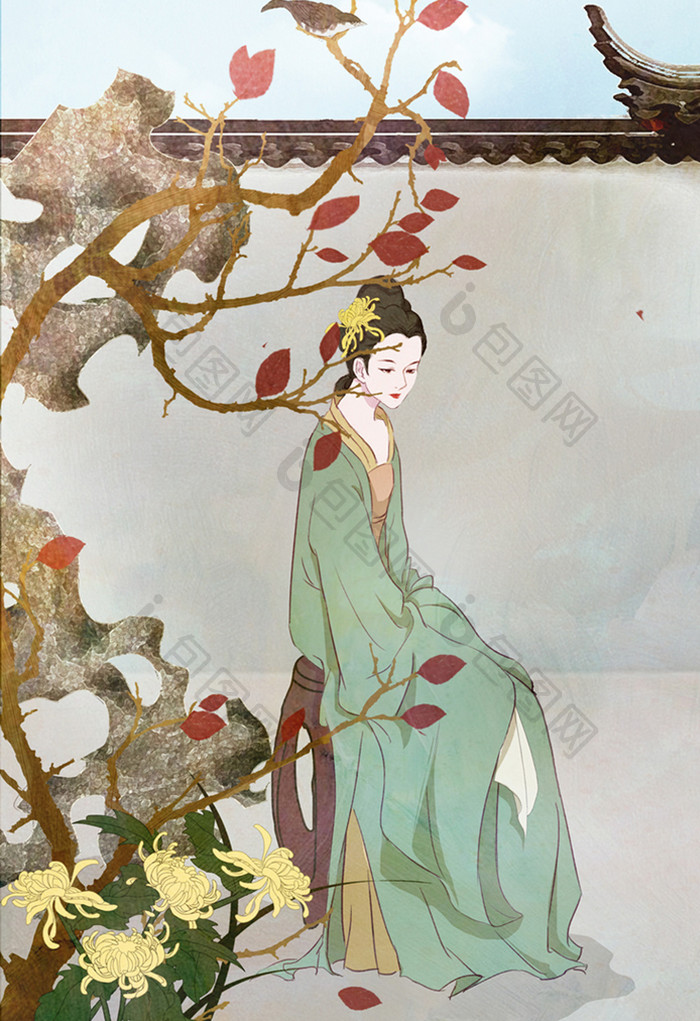 黄绿色系中国风古风女子庭院插画