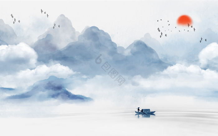 现代水墨画群山环绕山水客厅新中式背景墙