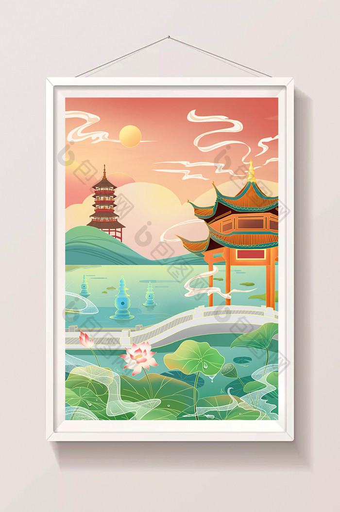 中国风西湖风景插画