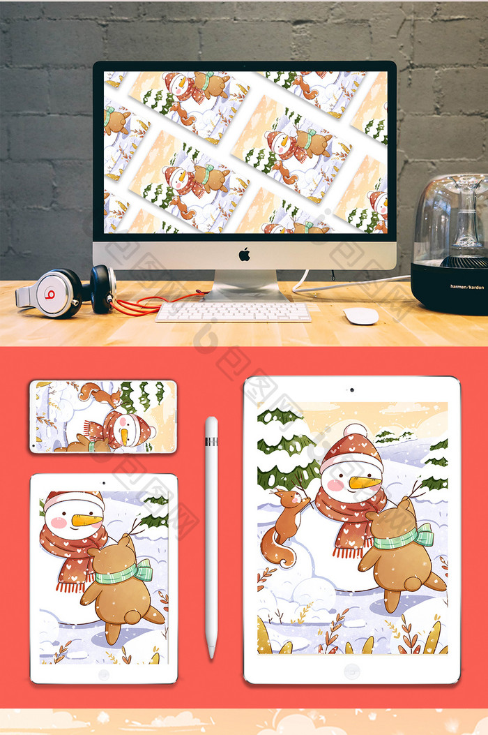 大雪节气小熊与松鼠一起堆雪人插画