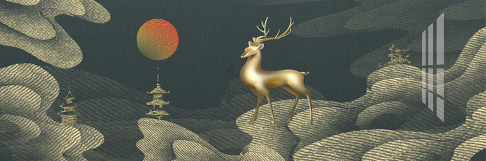 鎏金新中式麋鹿装饰画图片