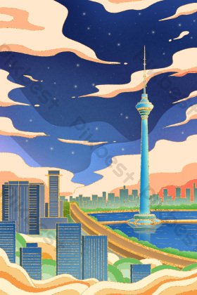 城市天津天塔插画