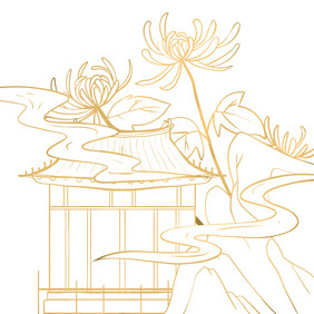 金线线描古风建筑花朵