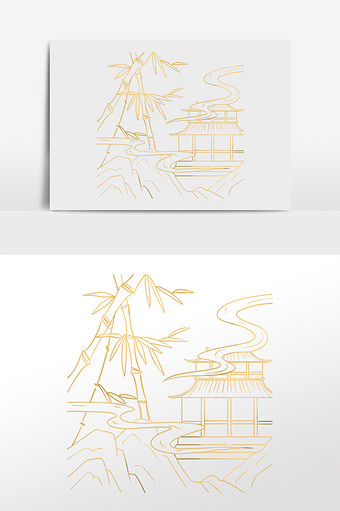 金线线描古风建筑竹子