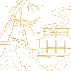 金线线描古风建筑竹子