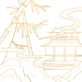 金线线描古风建筑竹子