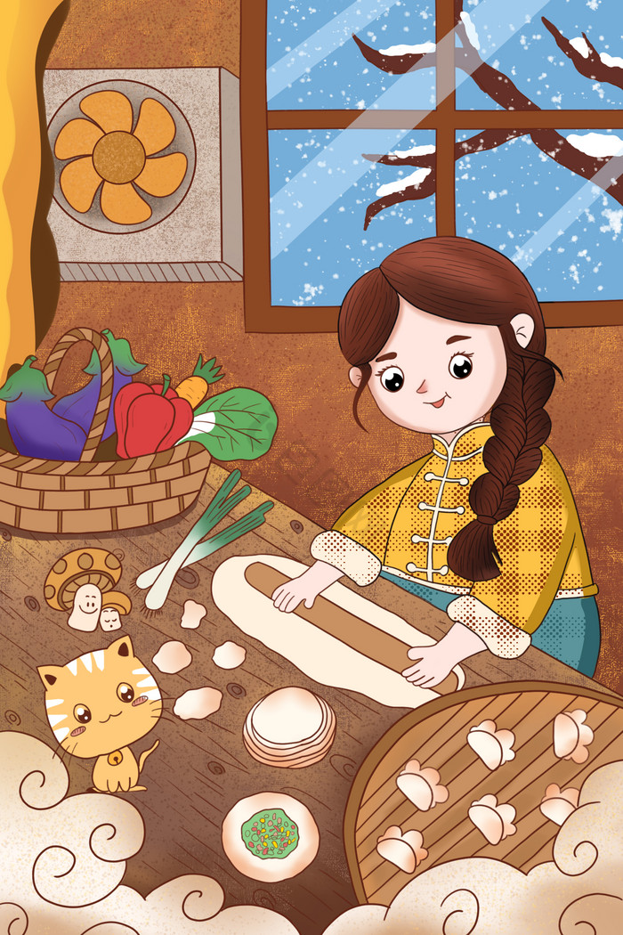 冬至节气北方吃饺子习俗插画图片