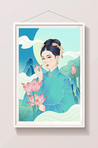 中国风山水荷花女子插画图片