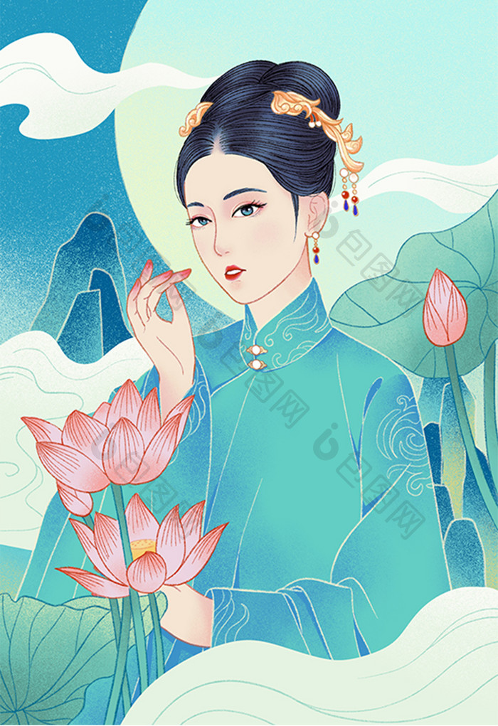 中国风山水荷花女子插画