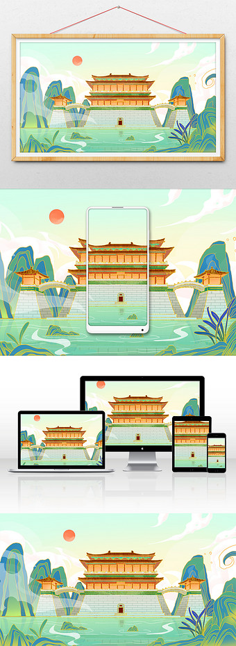 绿色调国潮陕西西安建筑城墙城楼插画