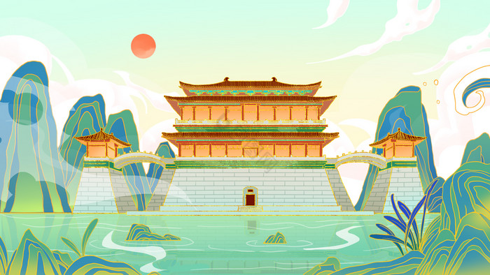 调陕西西安建筑城墙城楼插画