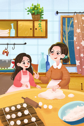 暖黄调冬至团圆母女捏搓汤圆插画图片