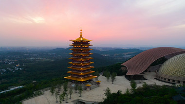 航拍南京牛首山风景区佛教名山佛顶塔晚霞