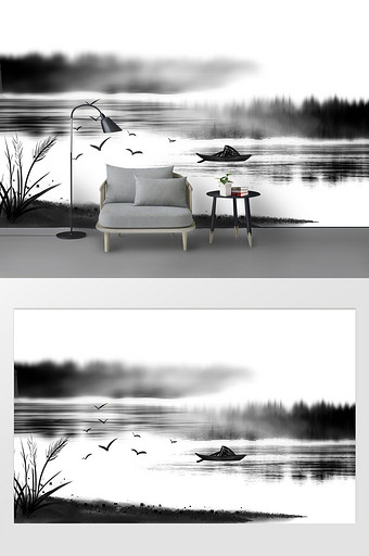 现代水墨山水朦胧树林新中式背景墙图片
