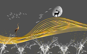 黑色底鎏金梅花鹿鹤线条竹子电视背景墙