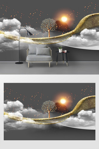 新中式抽象水墨线条烟雾幸福树禅意背景墙图片