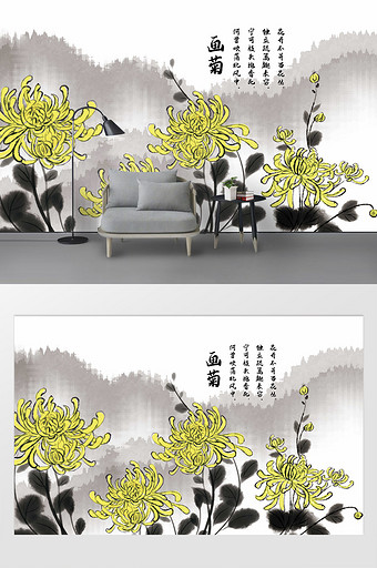 新中式简约唯美水墨山水菊花壁画电视背景墙图片