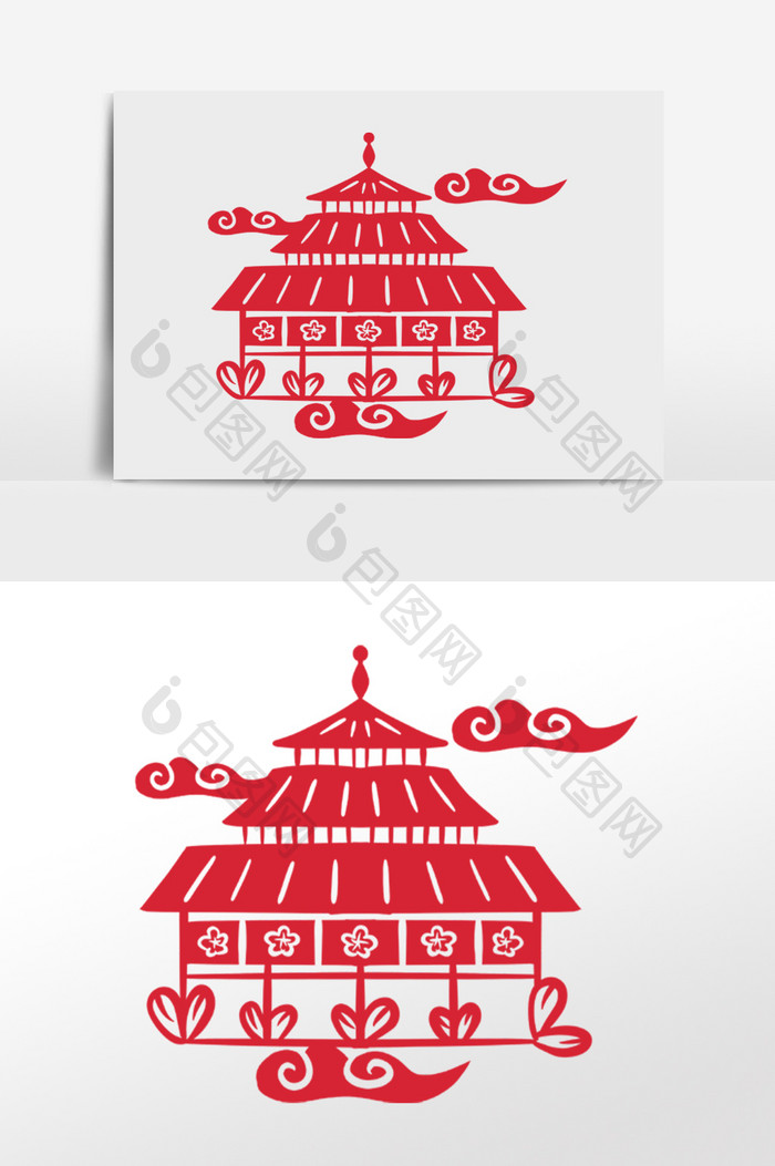 中式红色建筑剪纸