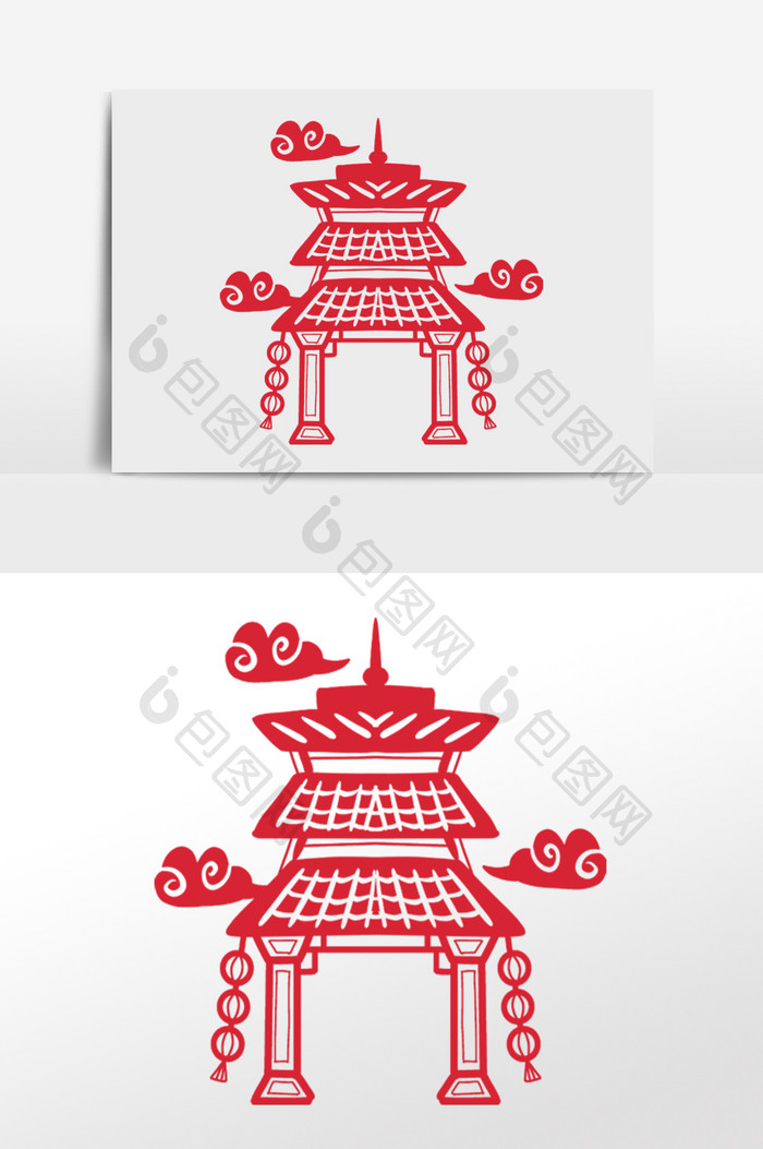 中式红色凉亭建筑剪纸