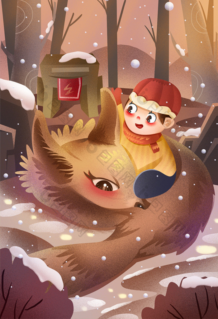 肌理风冬季在狐狸上抓雪花的小男孩插画