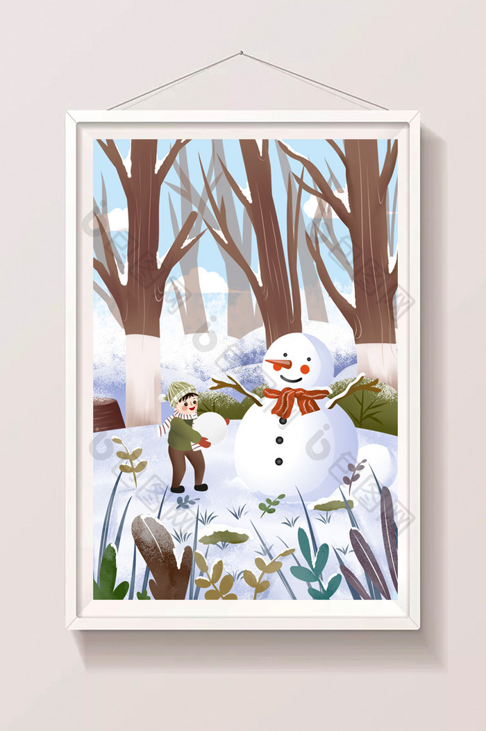 冬天男孩和雪人开心清新卡通插画