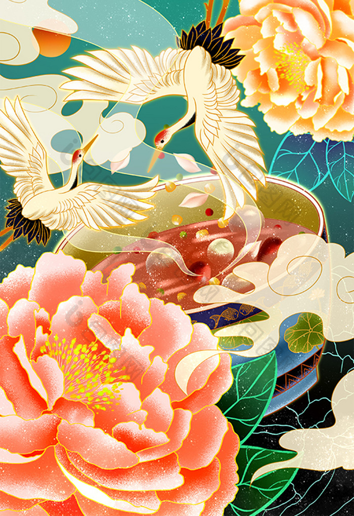 中国风国潮鎏金牡丹仙鹤腊八粥大寒节气插画图片