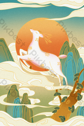中国风白鹿古风山水插画图片