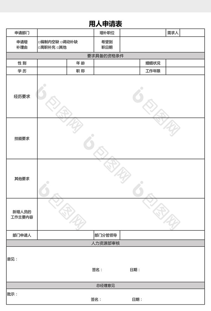 用人申请表Excel模板