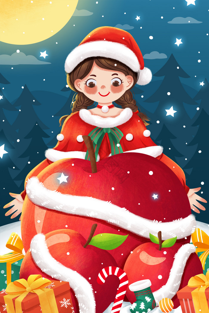 平安夜圣诞节圣诞女孩苹果礼物插画图片